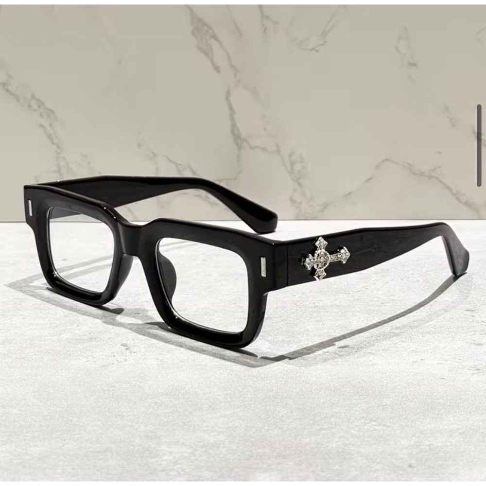 Black Crystal Cross‎ Decor Fashion Glasses Rectangular Clear Lens